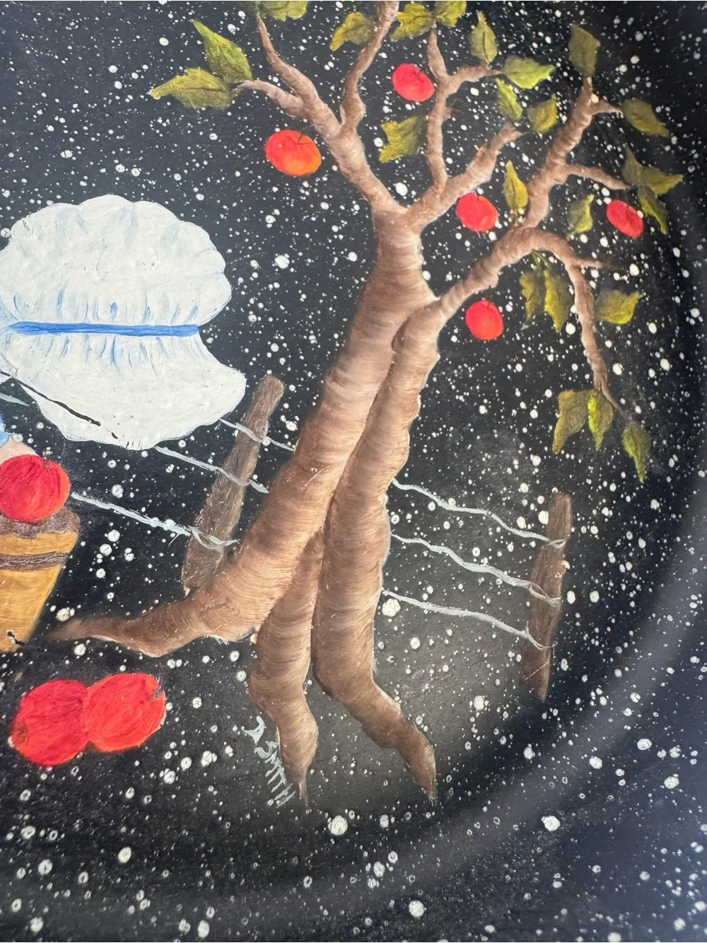 Hand-Painted Black Speckled Skillet Wall Decor with Girl and Apple Tree